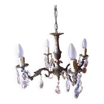 Rococo chandelier with crystal pendants, 4 lights, brass and metal 1950/1960