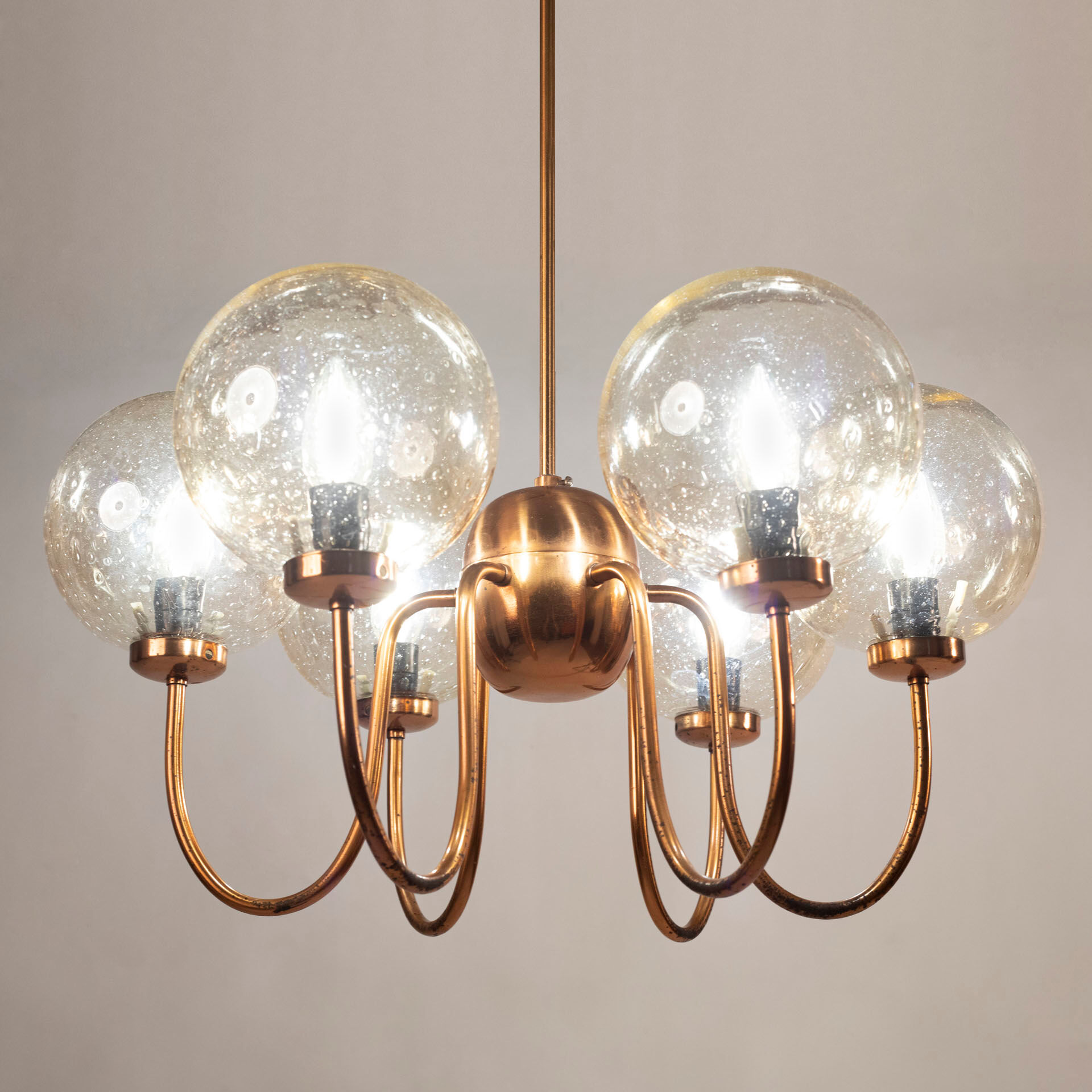 Chandelier in patinated copper and bubble glass produced by elmed, poland, 1970s