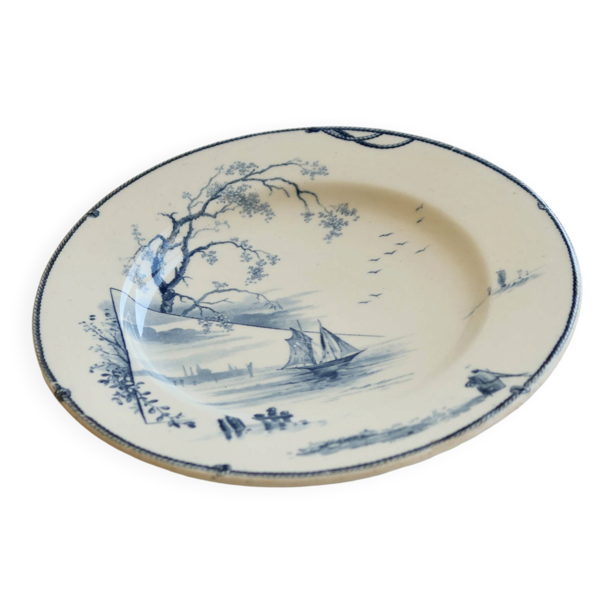 Antique Gien compote dish model Marines - 19th century - Blue marine landscape decoration