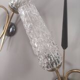 Set of 2 vintage 2-spoke wall lamps in gilded metal and diamond textured tulip glass