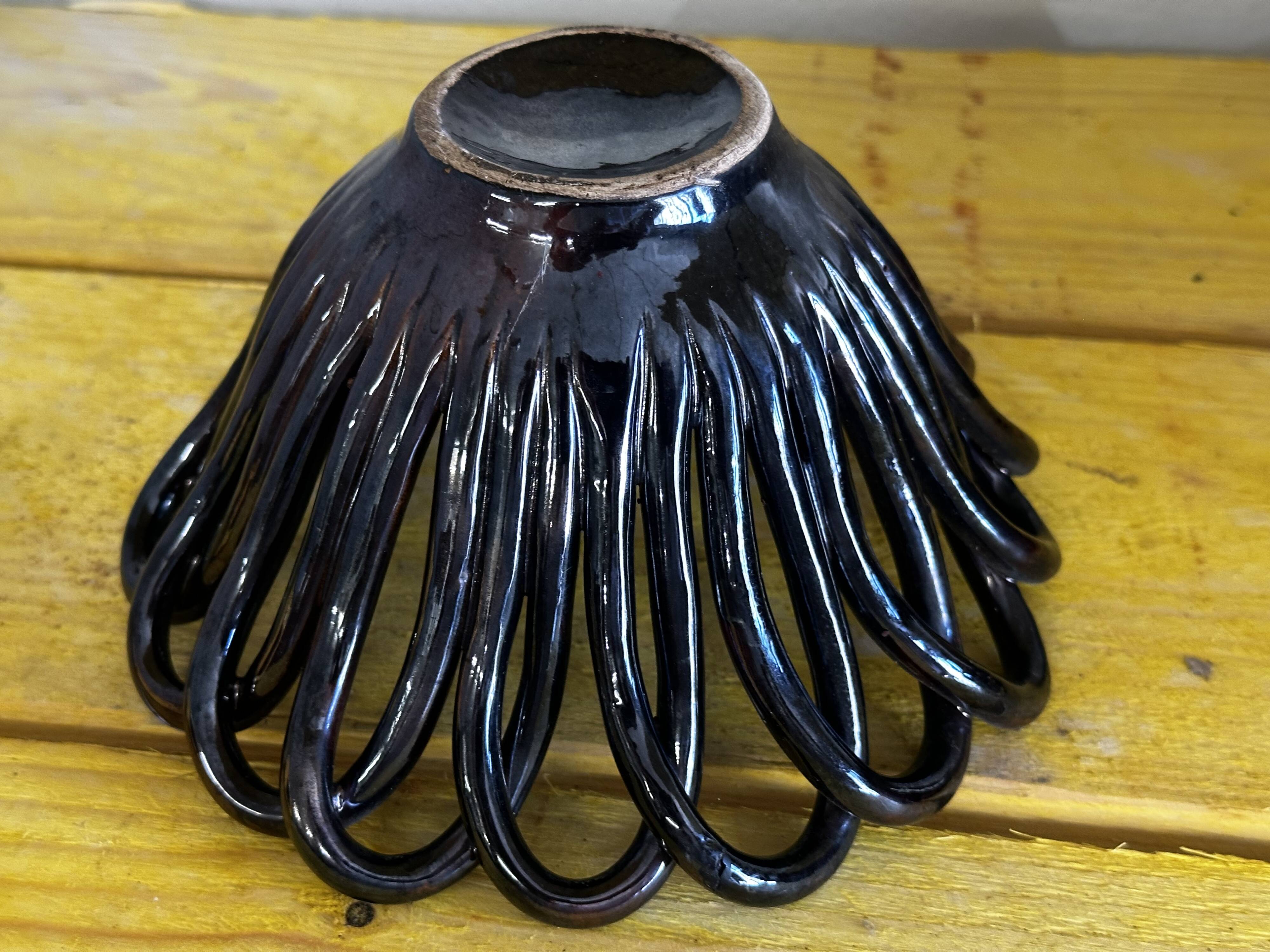 Small Basket - Iridescent Black Braided Ceramic Empty Pocket - 70's German