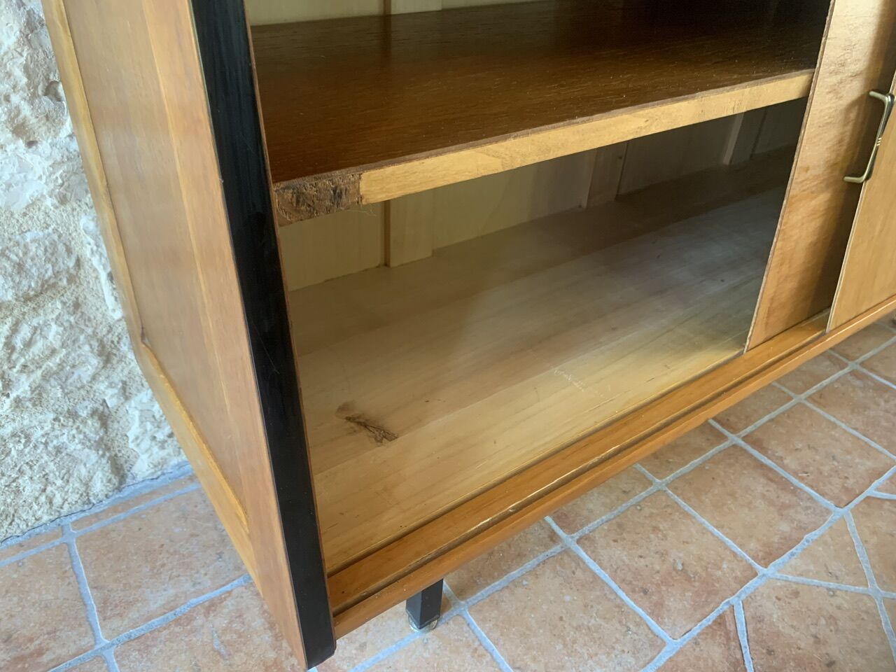 Small vintage row with sliding doors, metal legs Circa 50's