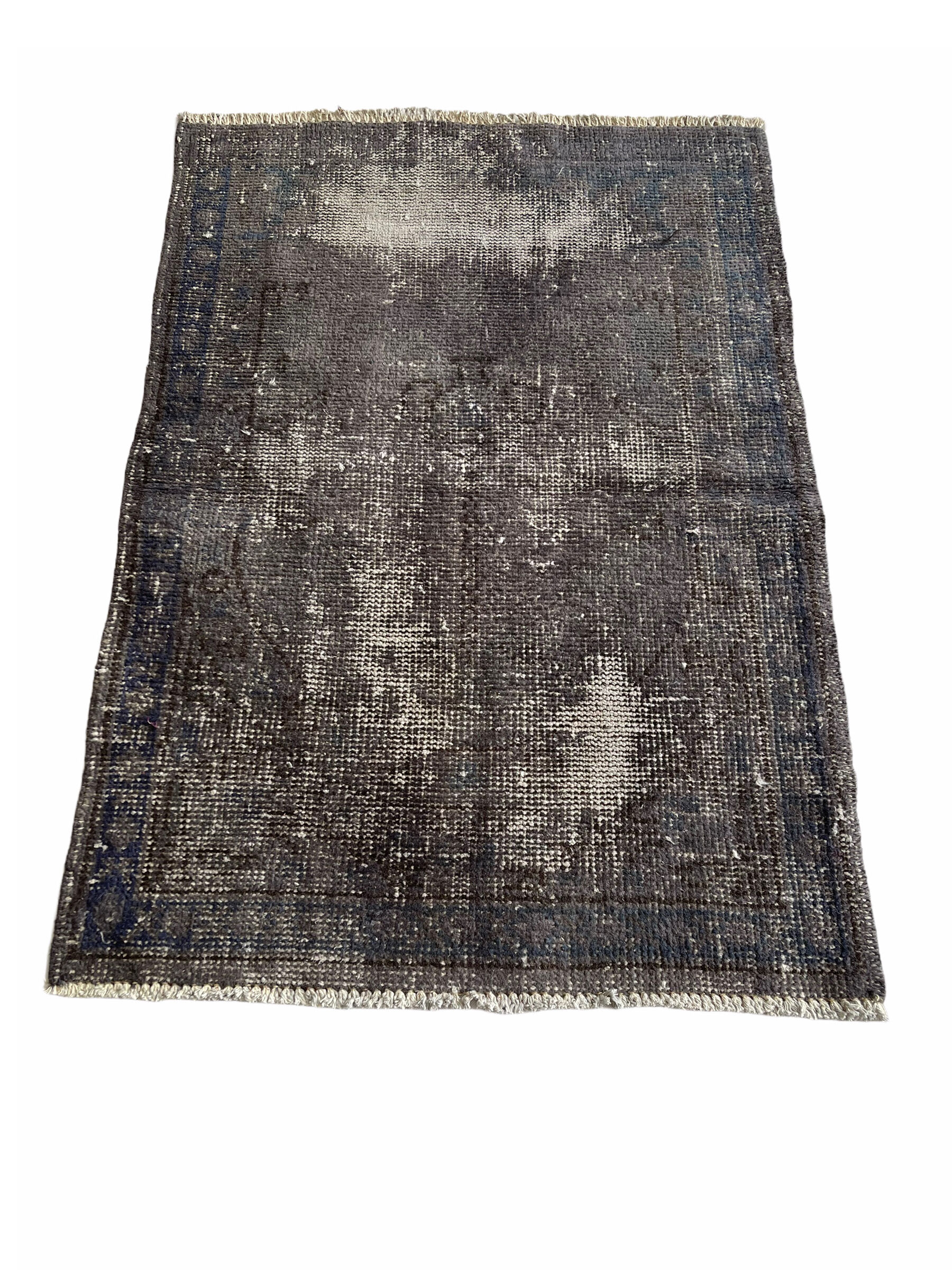 Distressed turkish rug 111x78 cm wool vintage rug, over-dyed gray