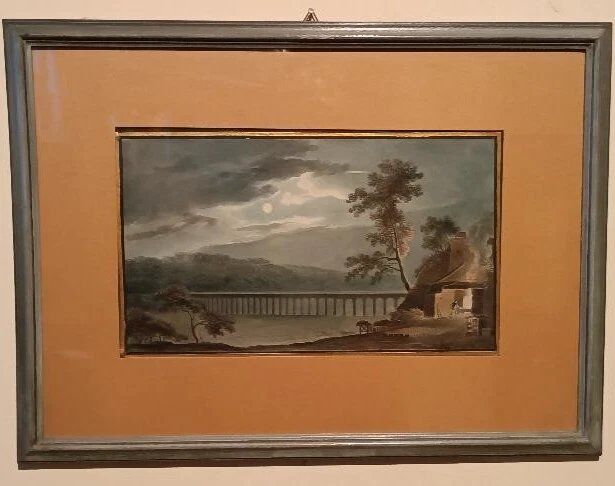 Old watercolour on paper from the early 19th century - nocturnal landscape with aqueduct and bridge