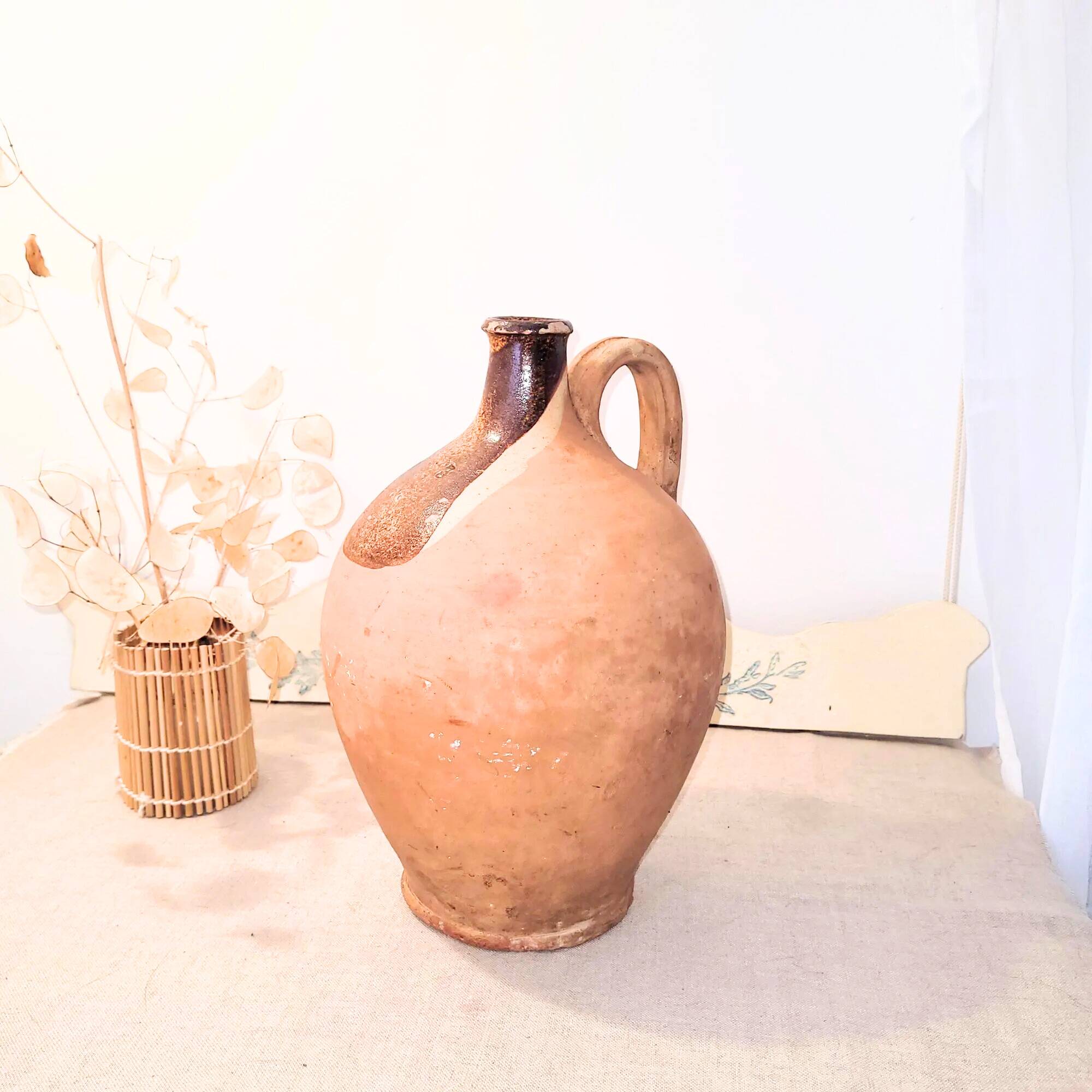 Antique partially glazed terracotta pitcher – 19th century rustic pottery