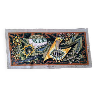 Tapestry, vintage canvas "cithare" after jean picart le doux, 60s.