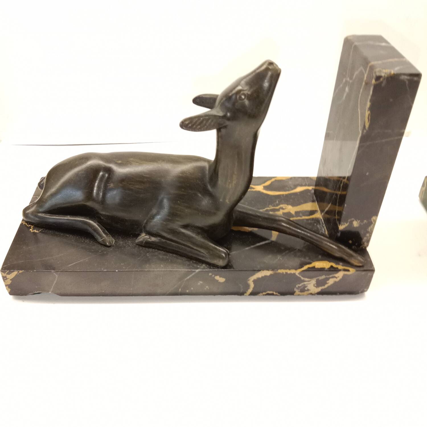 Art Deco Bookends of Doe Lying on Portor Marble