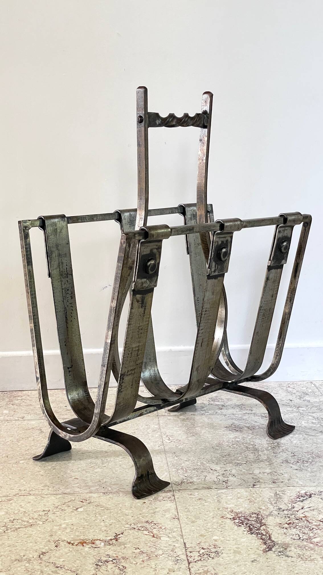 Brutalist vintage steel magazine rack