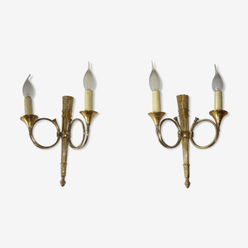 Paire d'appliques cor de chasse en bronze