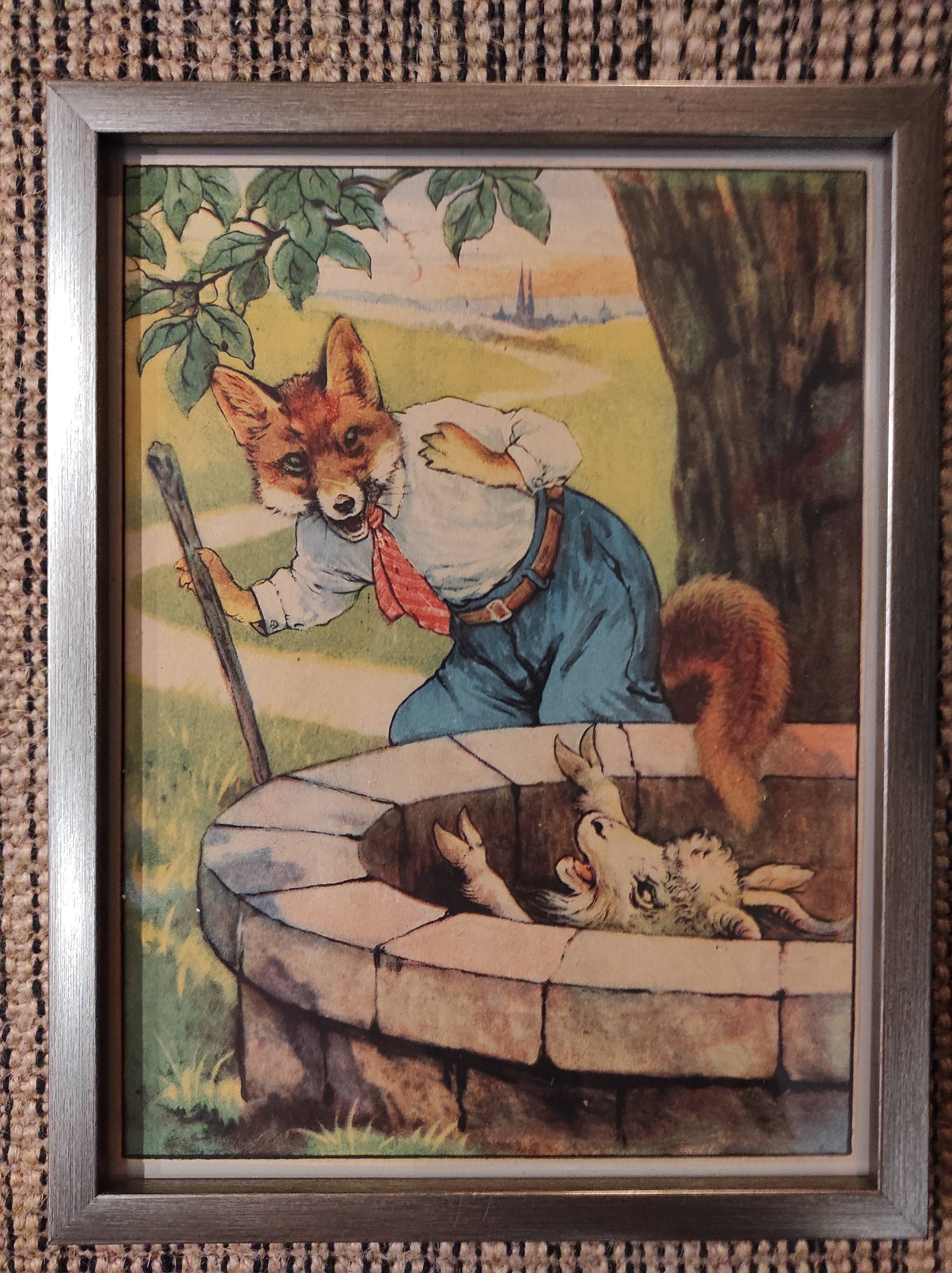 Set of 5 illustrations framed in glass the Fables of La Fontaine