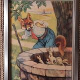 Set of 5 illustrations framed in glass the Fables of La Fontaine