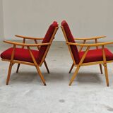 Pair of red Boomerang armchairs by Antonin Suman for Ton Bystrice Thonet