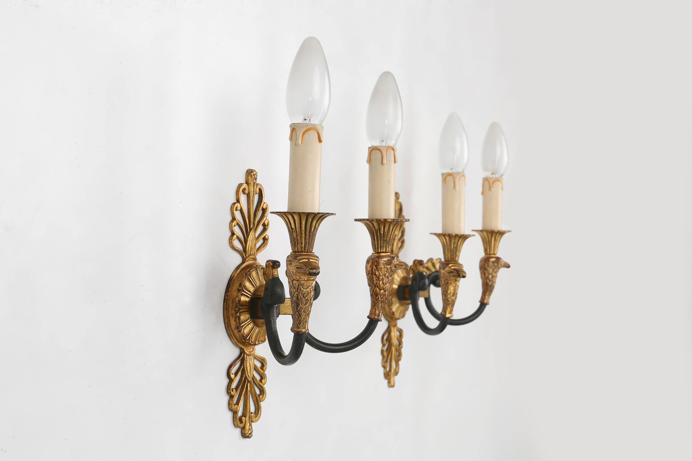 Impressive set of a large bronze Empire Chandelier with 2 wall lights, Belgium ca. 1950