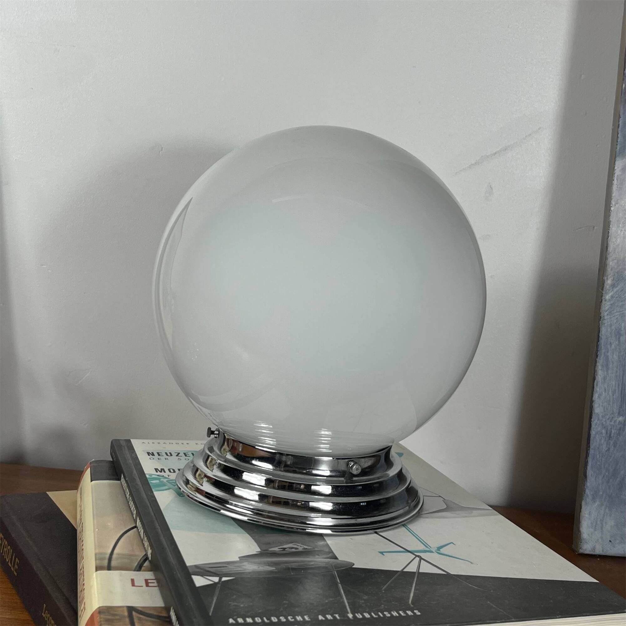 Ceiling light or wall light with a white opaline glass globe, 20 cm, stainless steel rose.