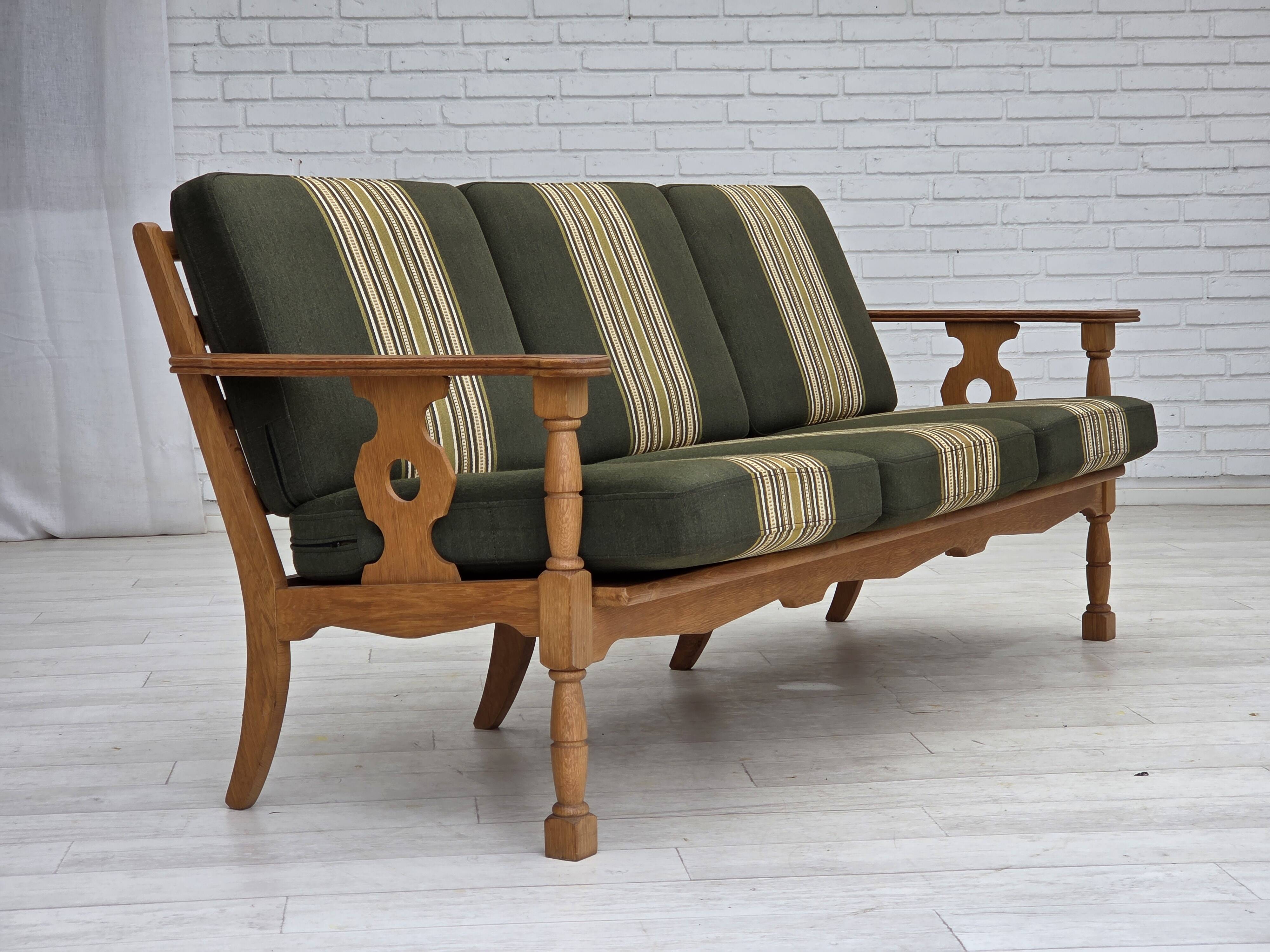 1970s, Danish 3-seater sofa, green furniture wool, solid oak wood.