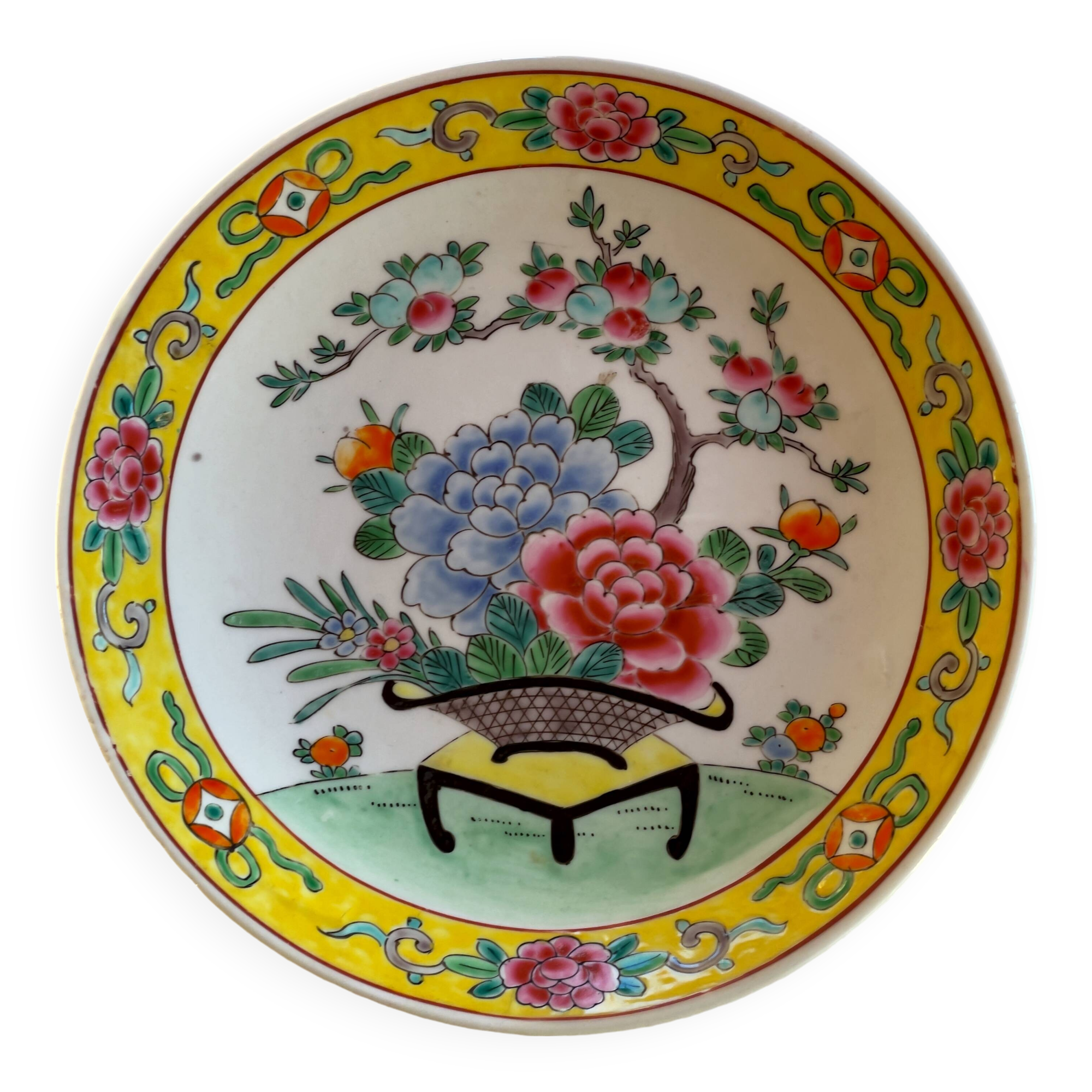 Yellow porcelain plate with saturated and vivid colors. Handmade in Japan