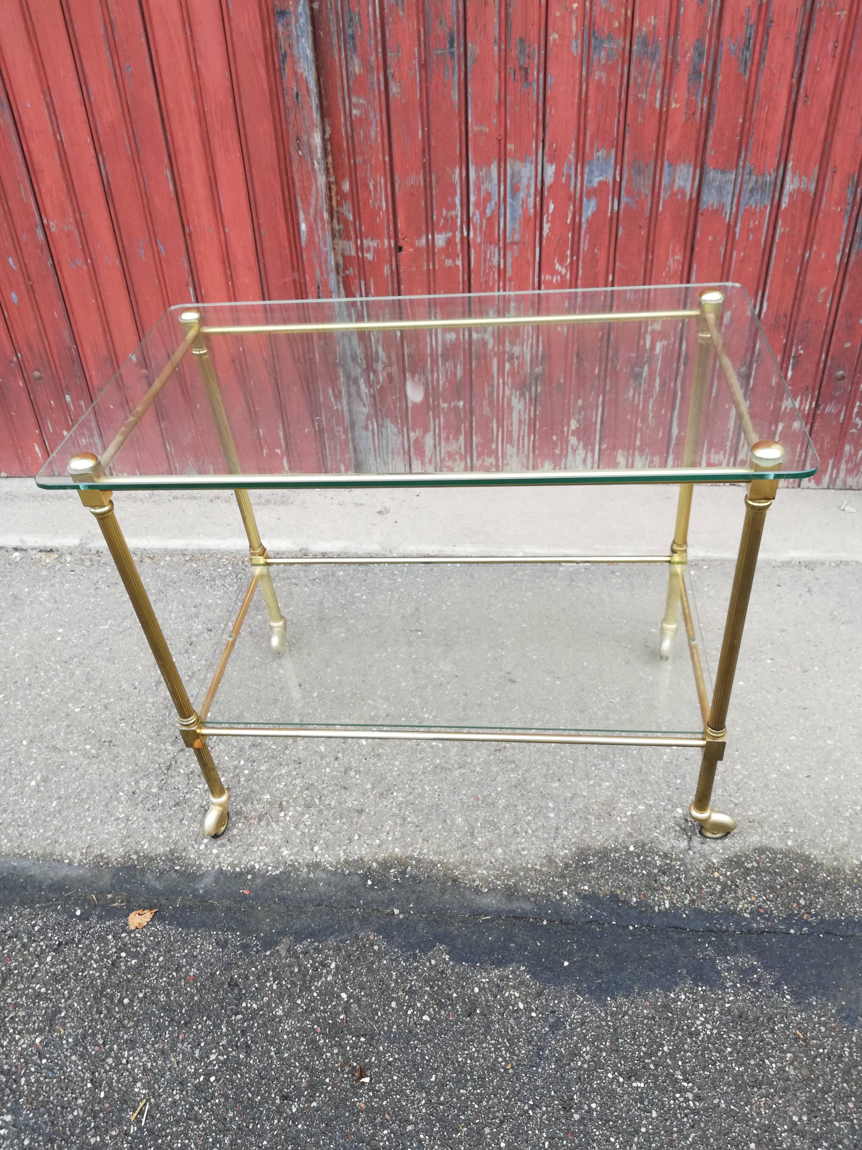 Desserte vintage laiton et 2 plateaux verre