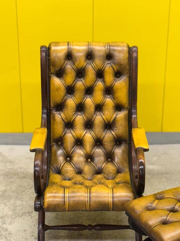 Original English Chesterfield Wingback Chair & Matching Footstool