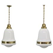 Pair of 1930s Peter Behrens Luzette pendants in opaline glass and brass