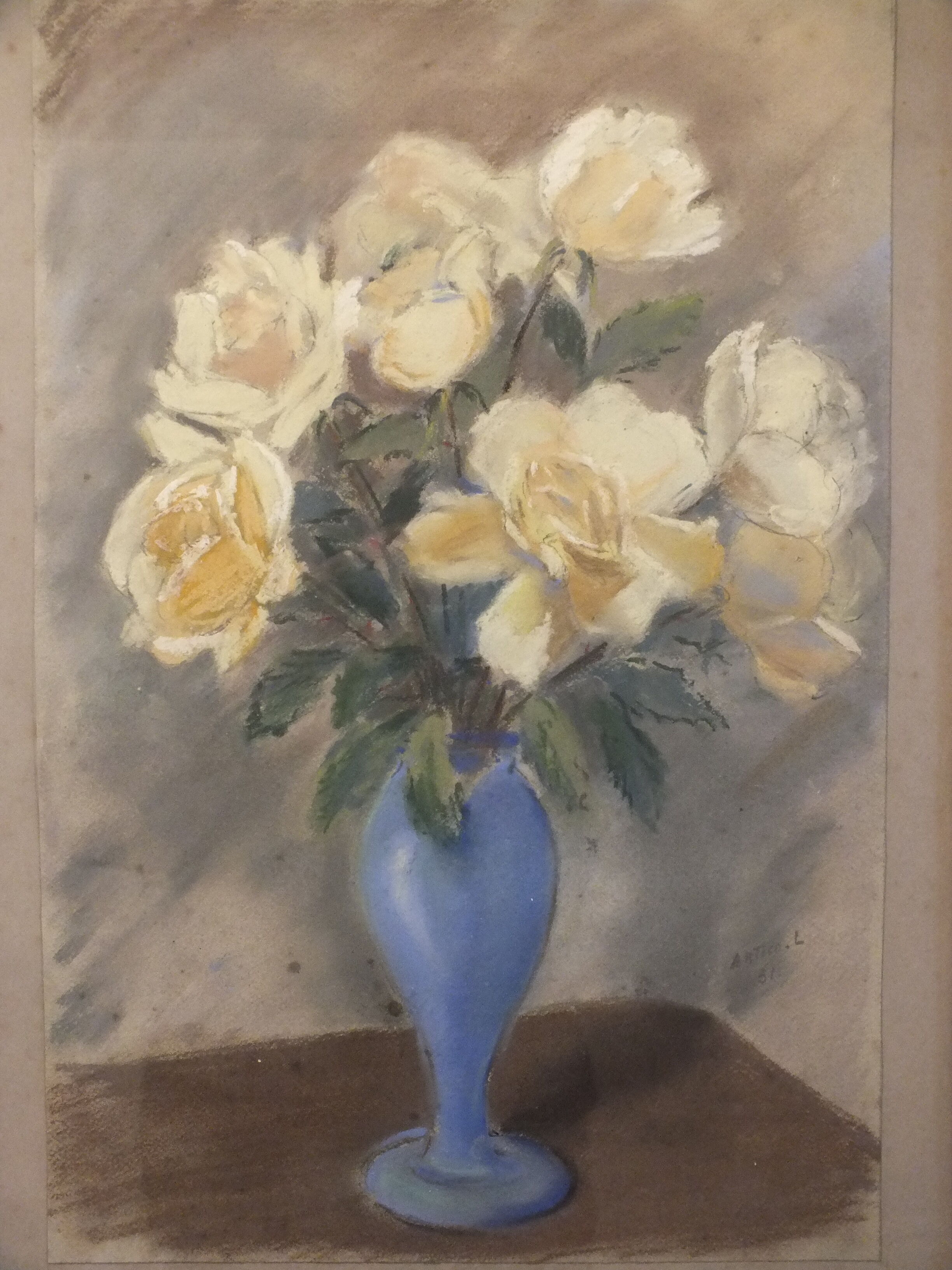 Pastel under glass - Bouquet of yellow roses - signed Artico 1931