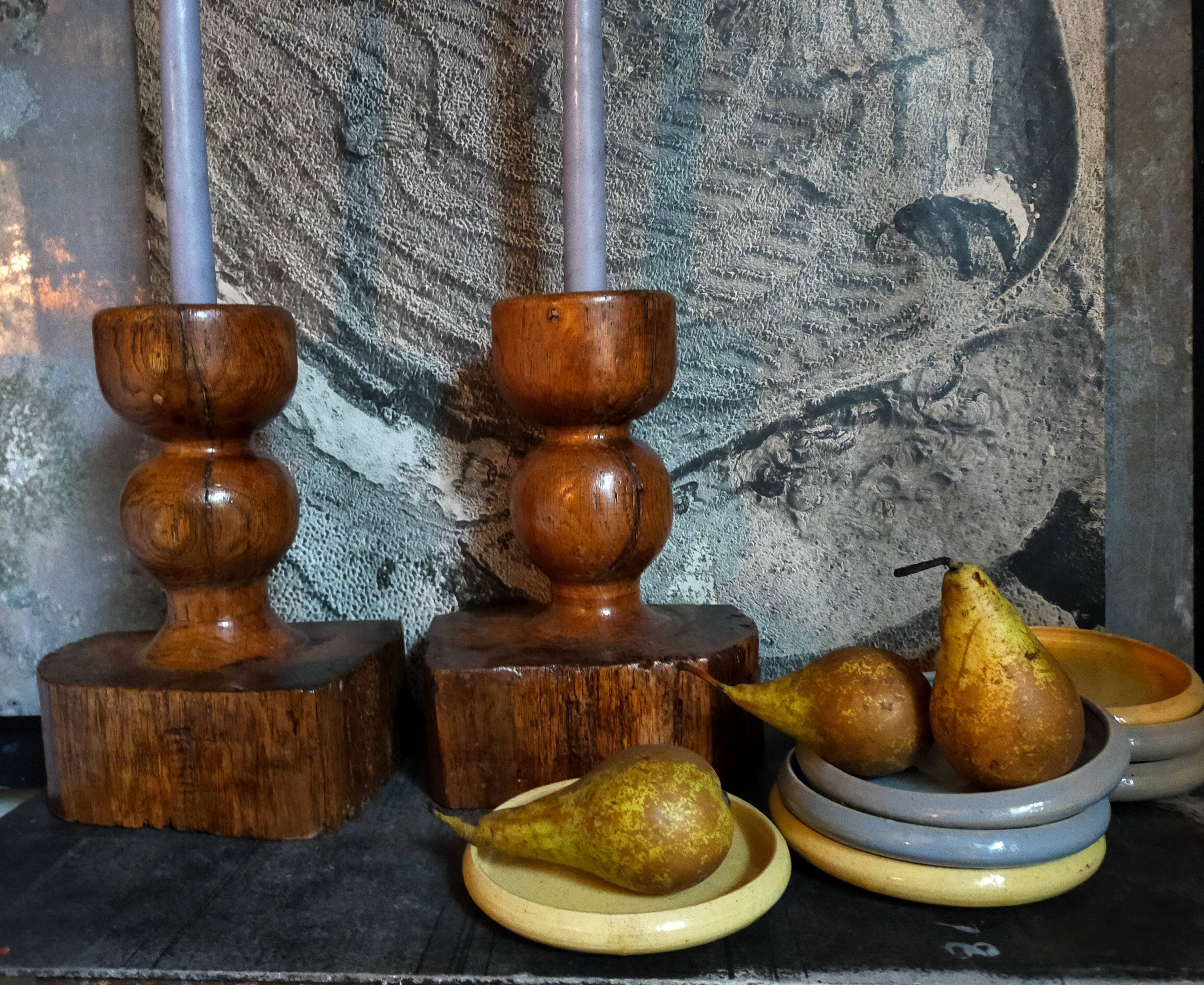 Pair of old brutalist turned solid wood candlesticks