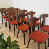 Lot of 10 Vintage Tyrolean Dine Chairs with Red Fabric Seat / Original Mundus Wooden Cottage