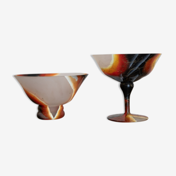 Set 2 cups opal glass enamelled decoration volcanic 60's