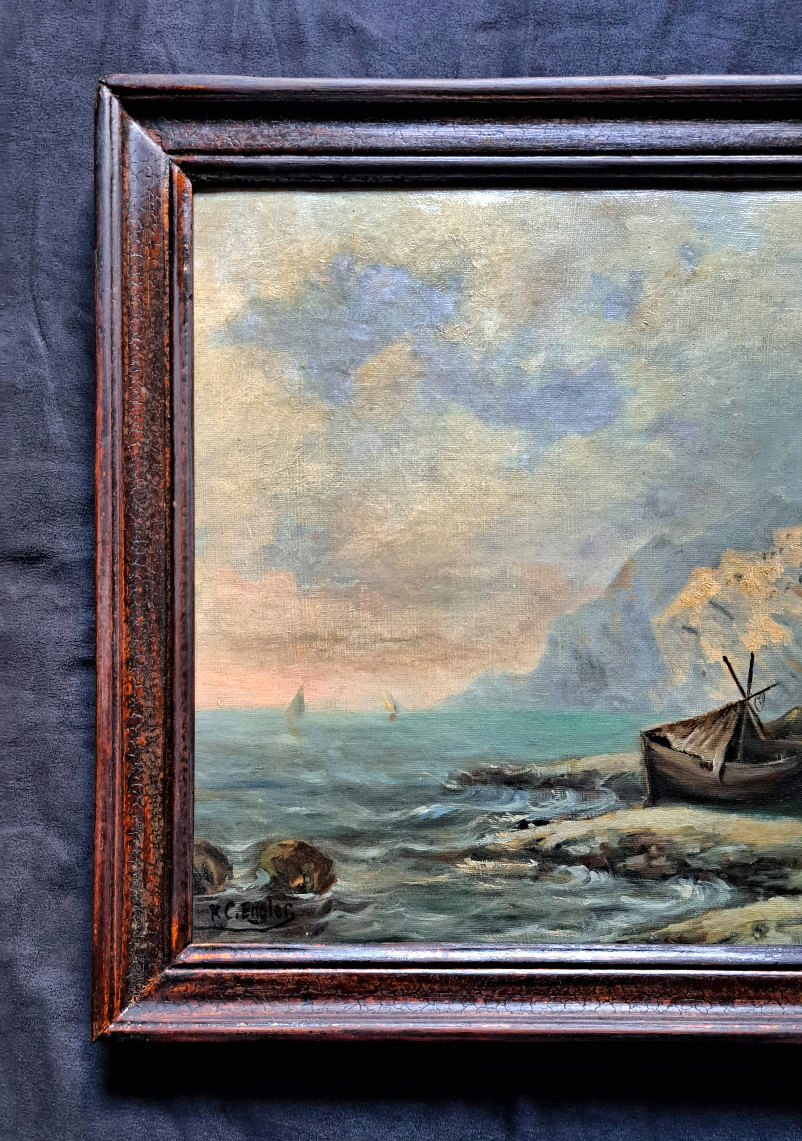 Impressionist painting attributed to F-G Engler, oil on canvas, romantic seascape.