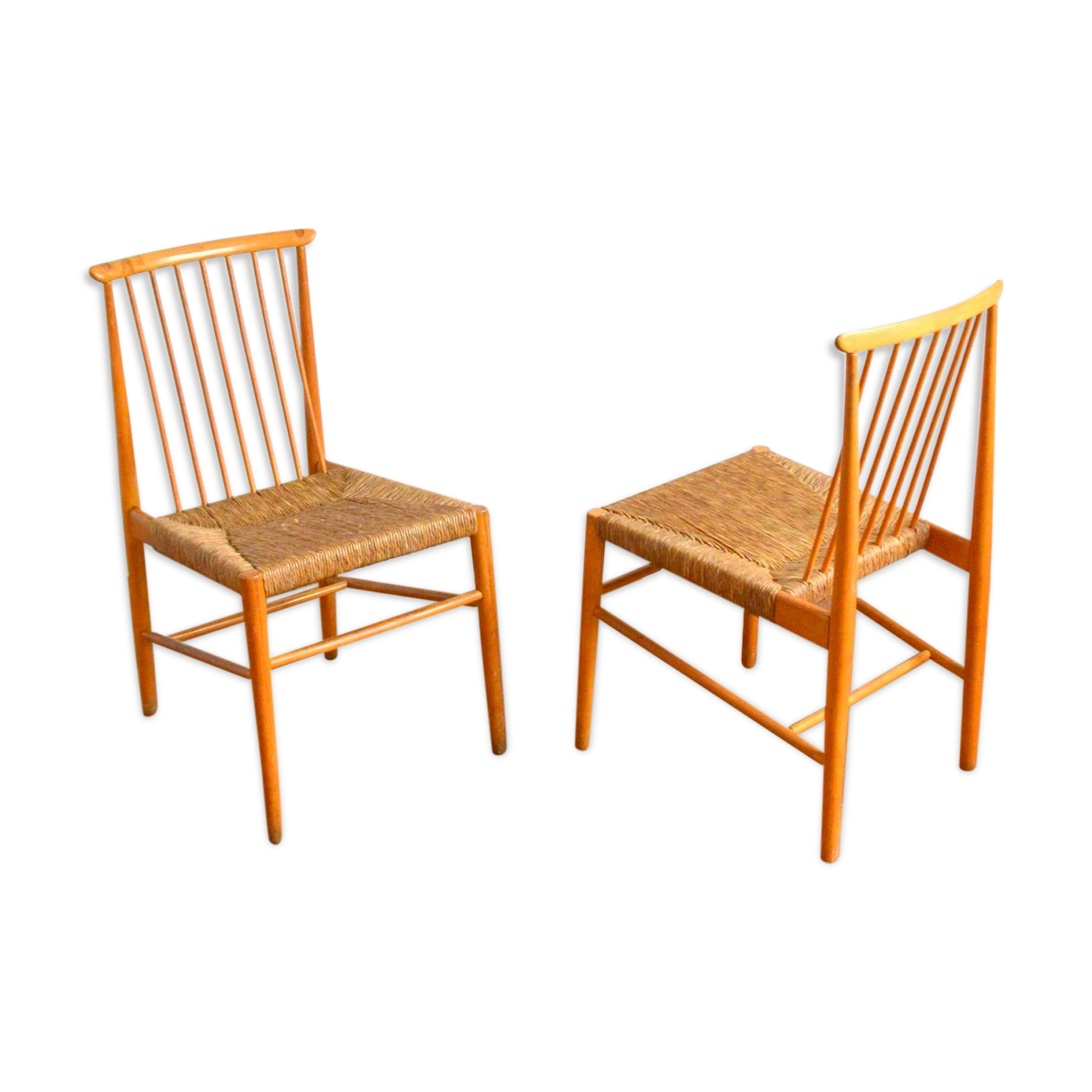 Pair of Dutch chairs wood and vintage straw 1950