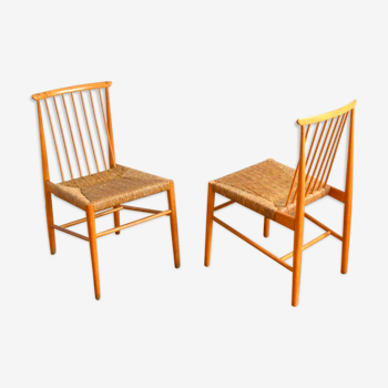 Pair of Dutch chairs wood and vintage straw 1950