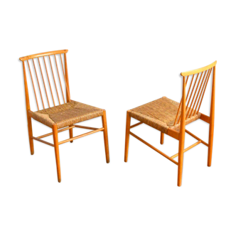 Pair of Dutch chairs wood and vintage straw 1950