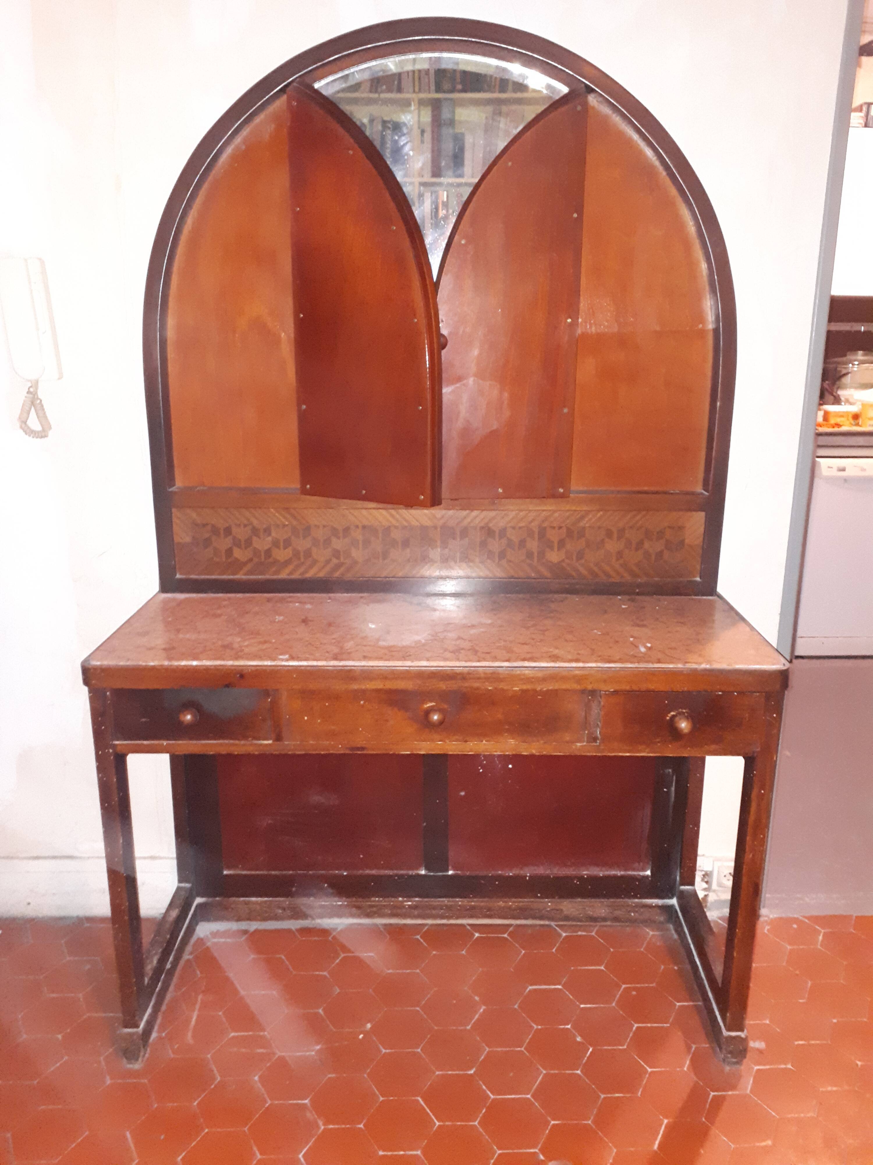 Wooden dressing table Courbet marquetry chevrons art deco Austrian