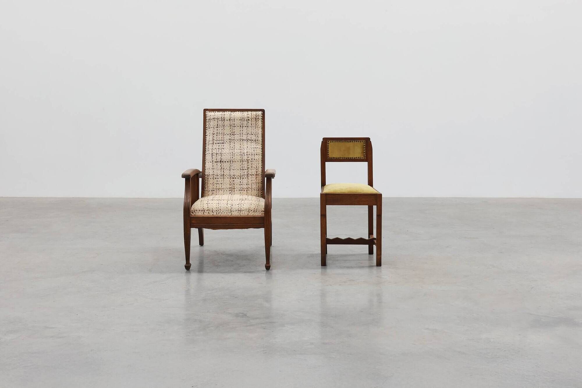 Arts & Craft oak armchair with spindle sides and tweed upholstery, Belgium