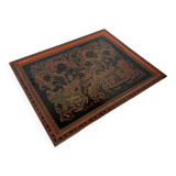 Large rectangular tray in lacquered and engraved wood decorated with characters. Burma, circa 1970.