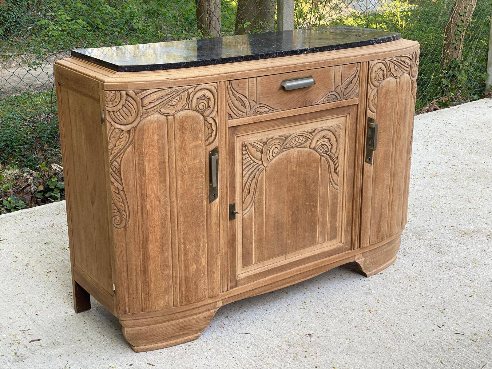 Renovated vintage Parisian art deco sideboard in solid oak and marble 1930