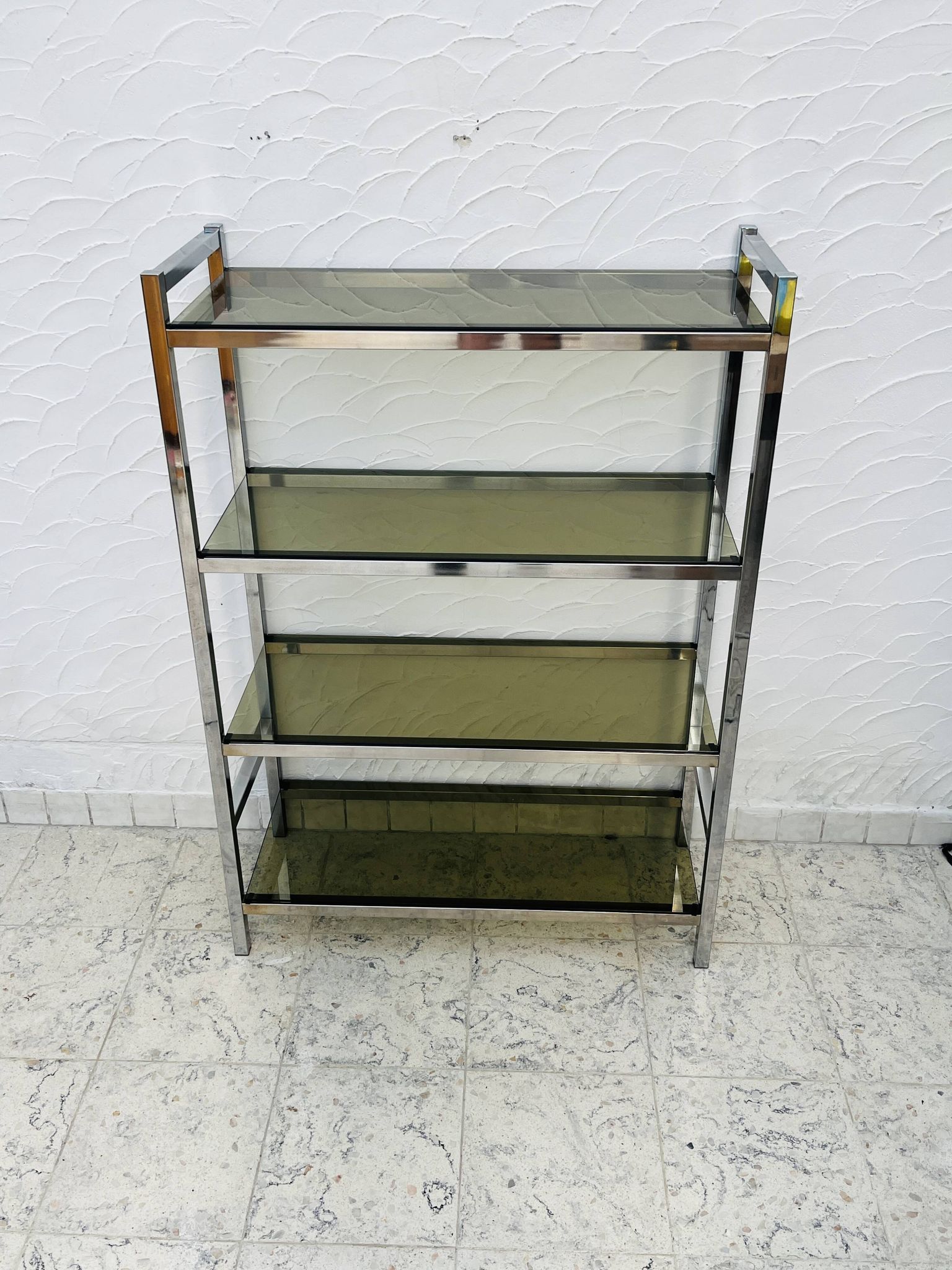 Chrome and smoked glass shelf in Italian 1970s style.