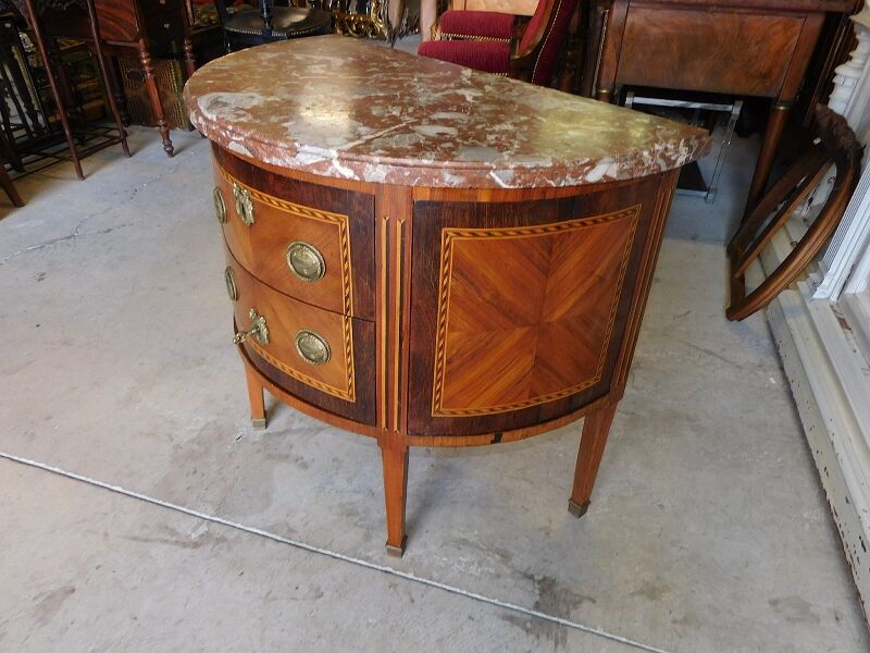 Chest of drawers half moon in marquetry 2 drawers marble top late nineteenth century