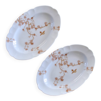 Pair of antique Limoges Haviland porcelain relish dishes with bird decoration
