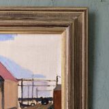 Peinture à l’huile de paysage vintage suédoise moderne du milieu du siècle « Suburban Serenade », encadrée, 1951