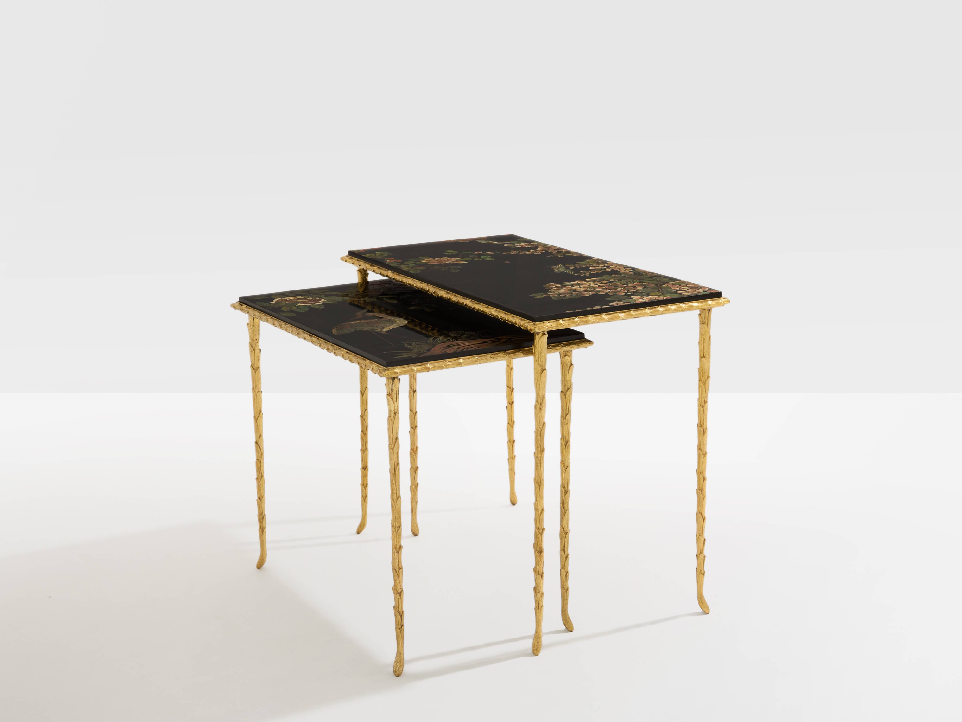 Bronze-gilded foliage side tables, Chinese lacquer, Maison Baguès, 1950.