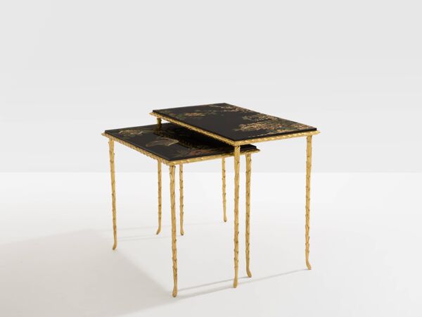 Tables d’appoint feuillage bronze doré laque de Chine Maison Baguès 1950