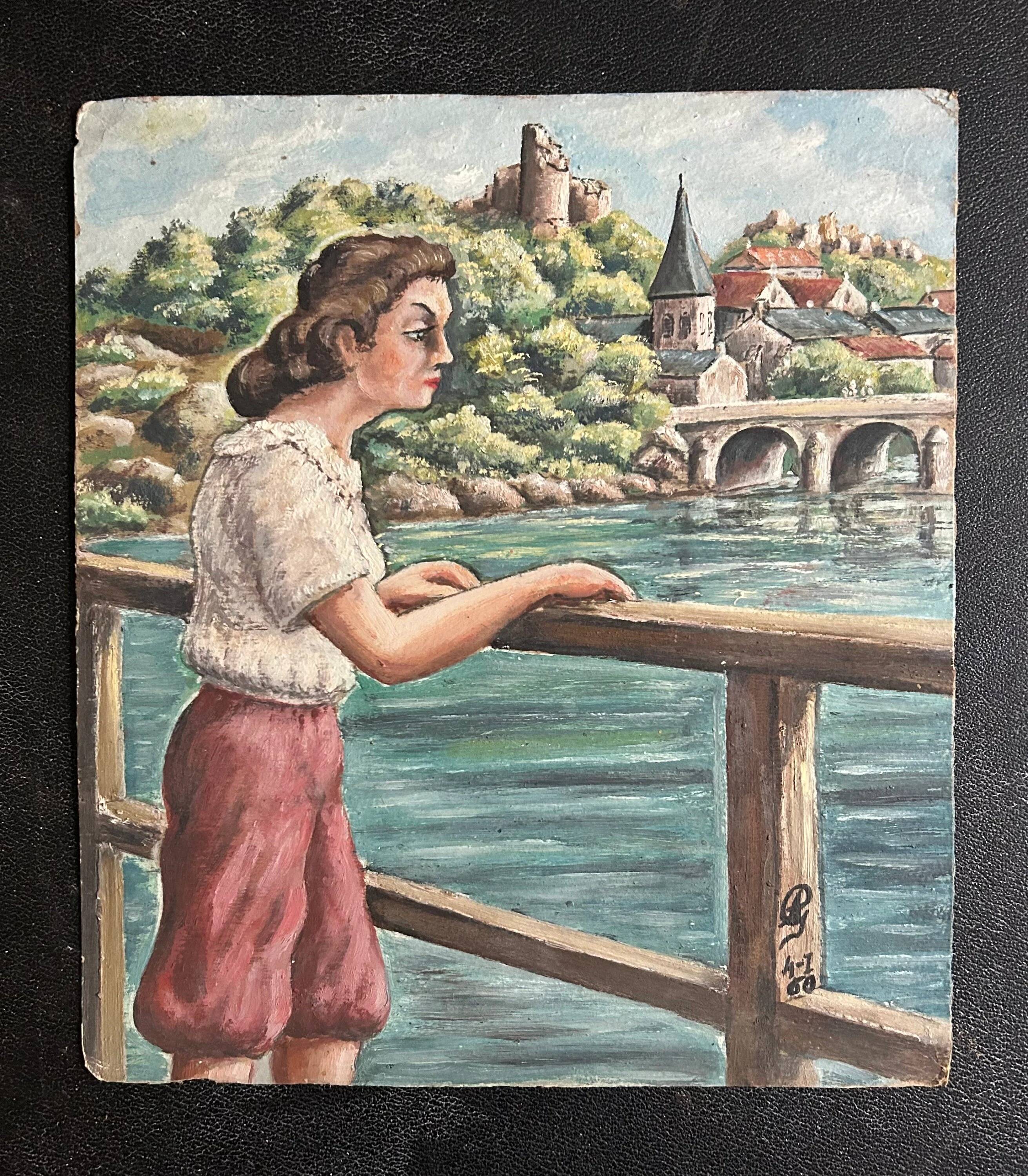Vintage European Village & River Oil Painting