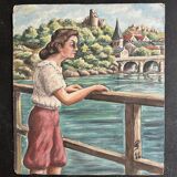 Vintage European Village & River Oil Painting