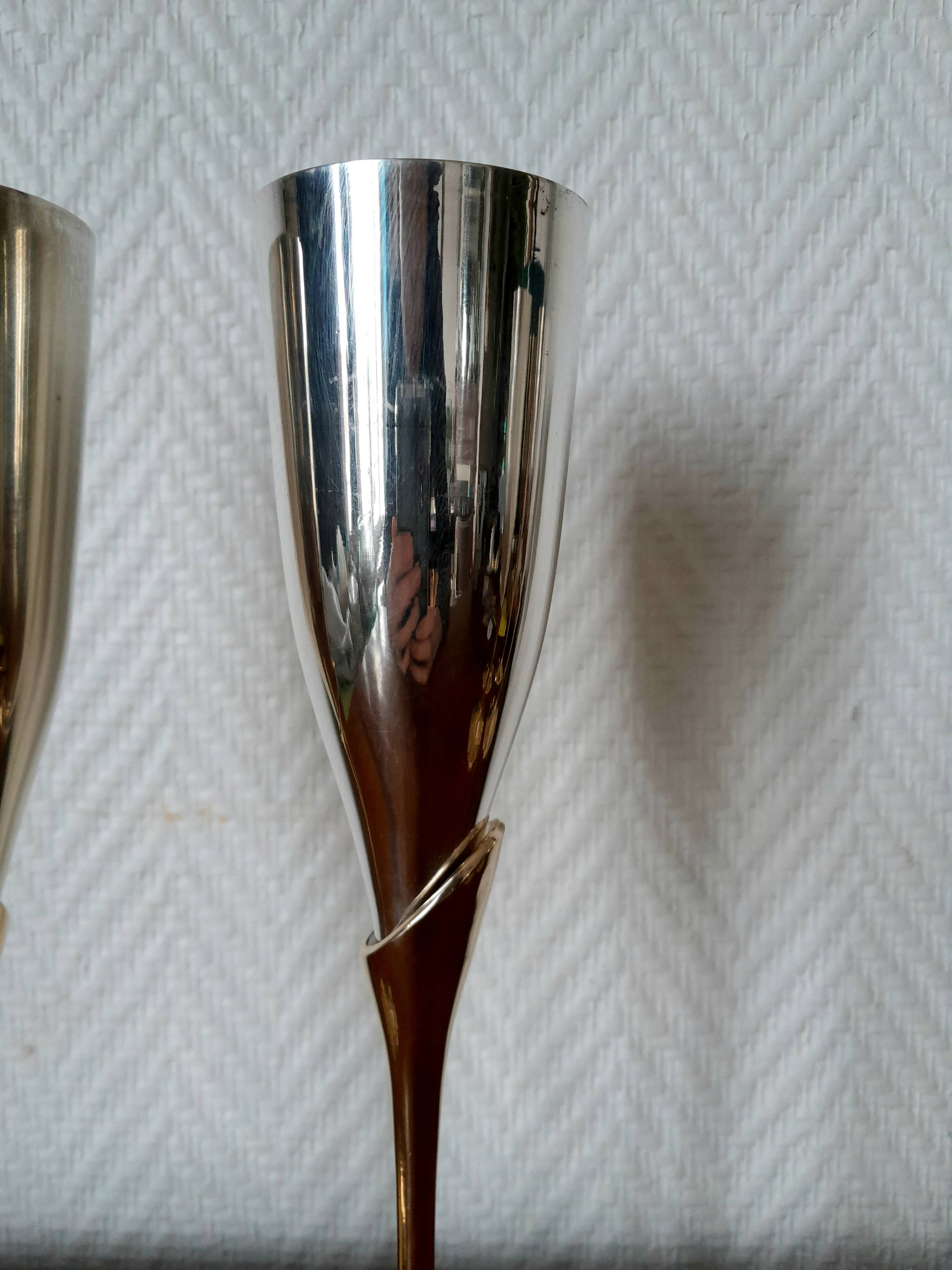 6 champagne flutes in brass and silver plated metal 1970