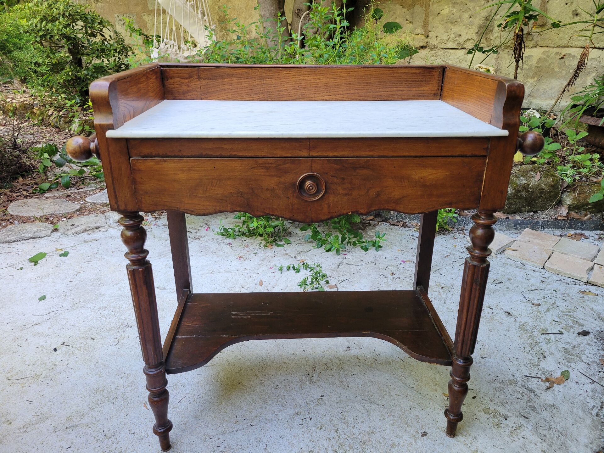 Antique walnut and Carrara white marble dressing table.