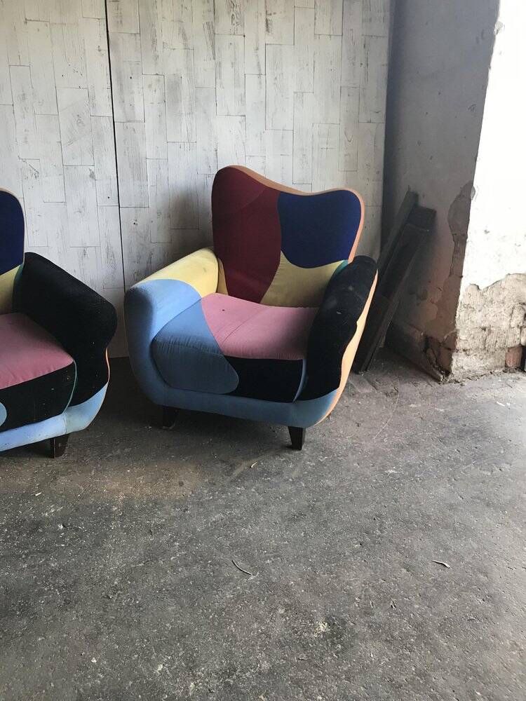 Set de 2 fauteuils Mid-Century multicolores en tissu, pieds peints noirs