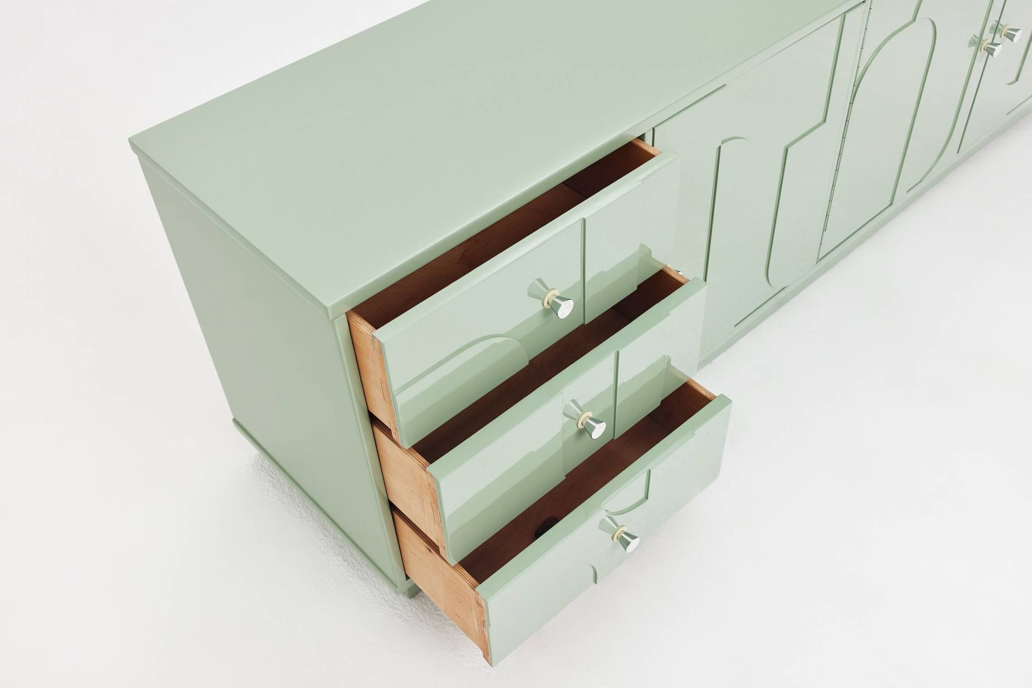 1970s Vintage Sideboard, Pastel Green, Relief, High-Gloss Finish, Chrome