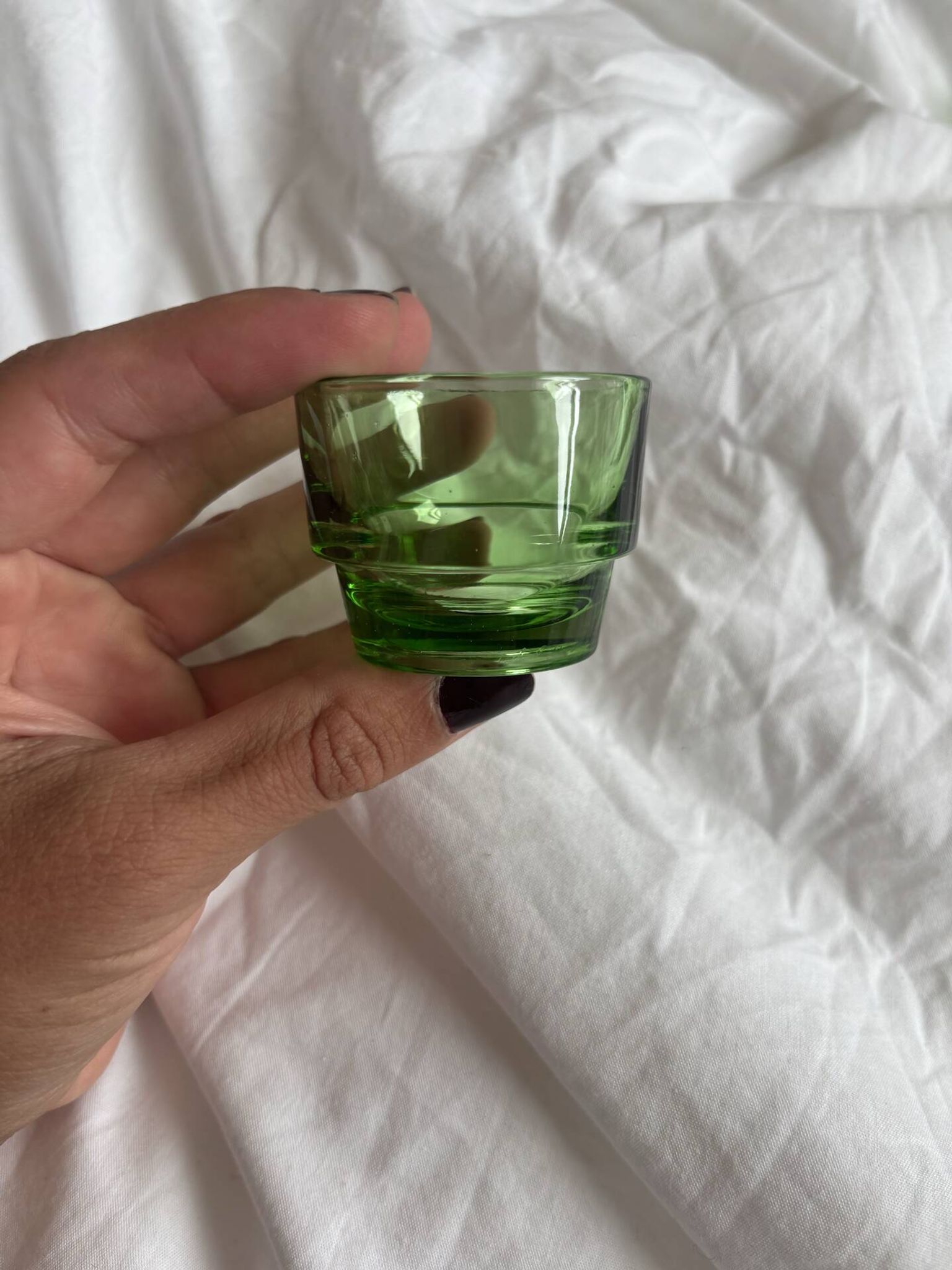 Lot of 6 vintage green glass egg cups from the 1970s.