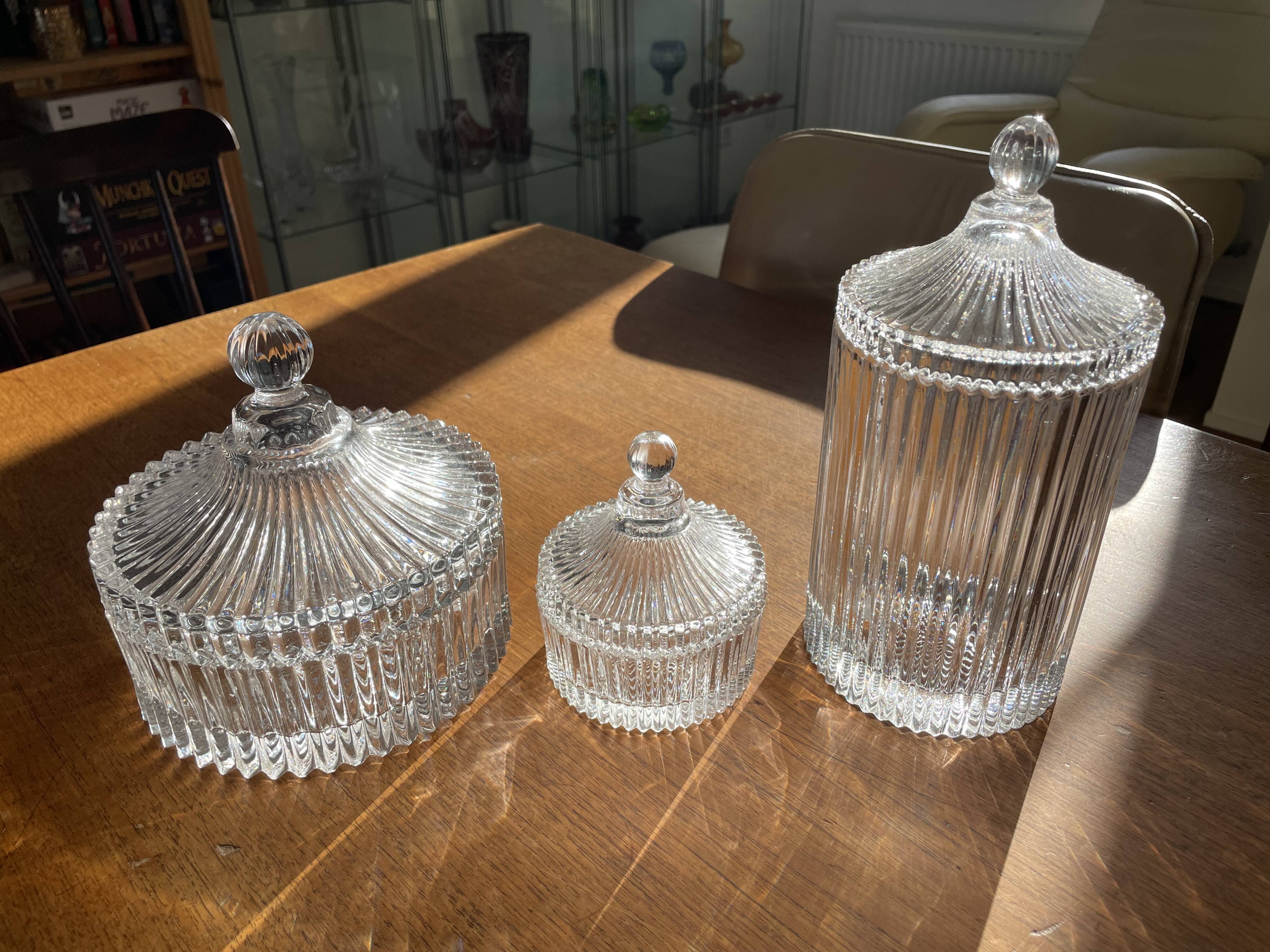 Set of 3 striped glass candy jars with lid or pharmacy jars.