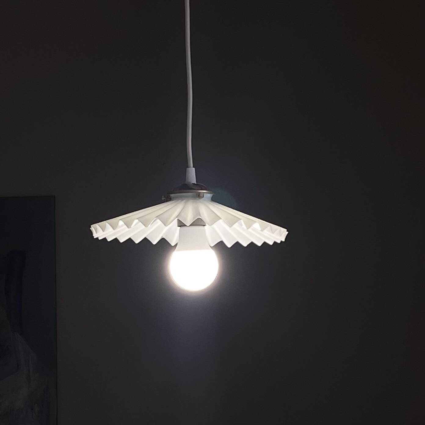 Vintage pleated white opaline glass pendant light.